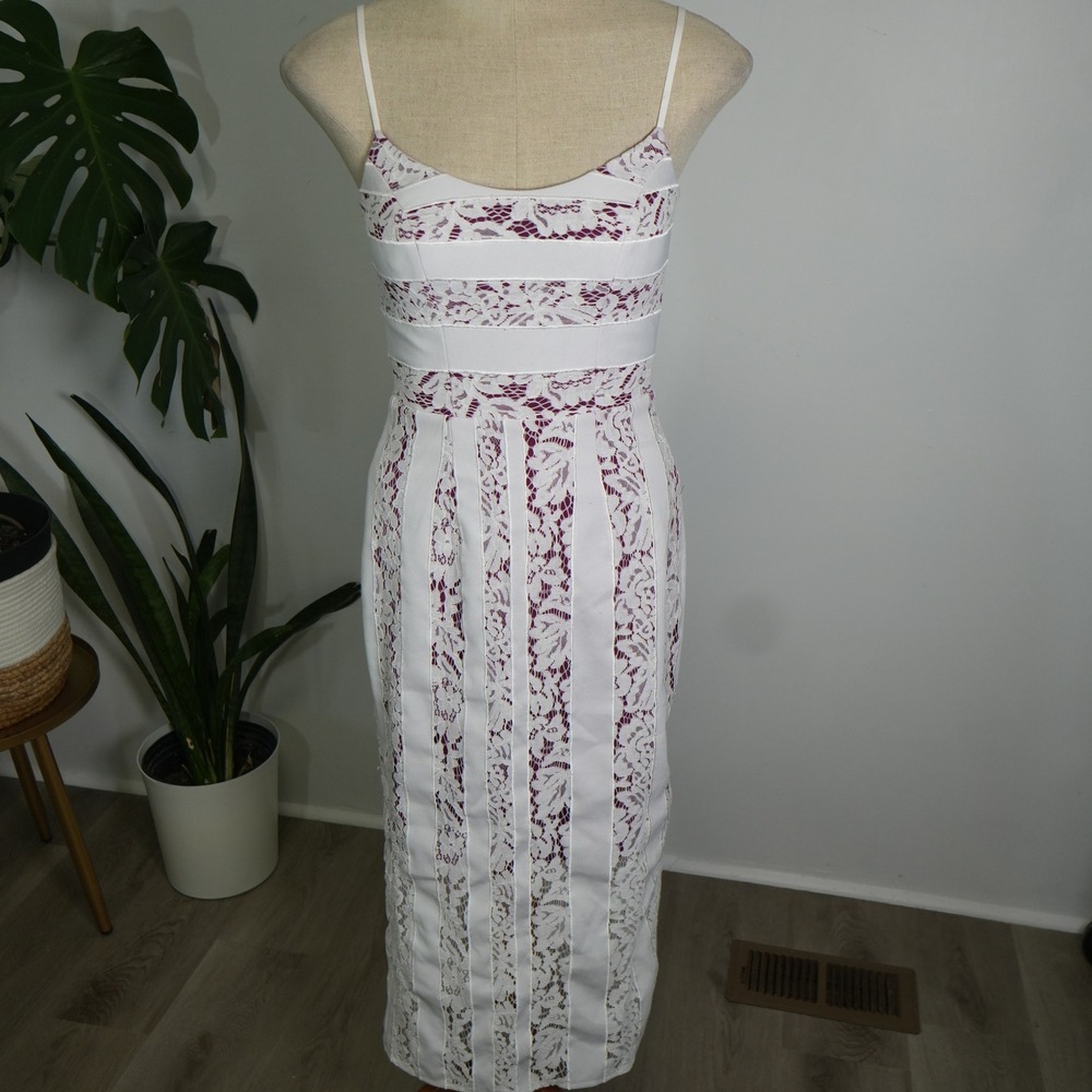 Dress‎ The Population Midi Dress Womens XS White Magenta Lace Bodycon Cocktail